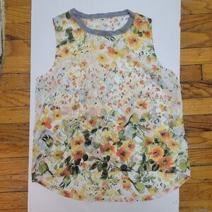 Floral Sleeveless Top with Gray Trim. Cottagecore Coastal Sheer Lightweight